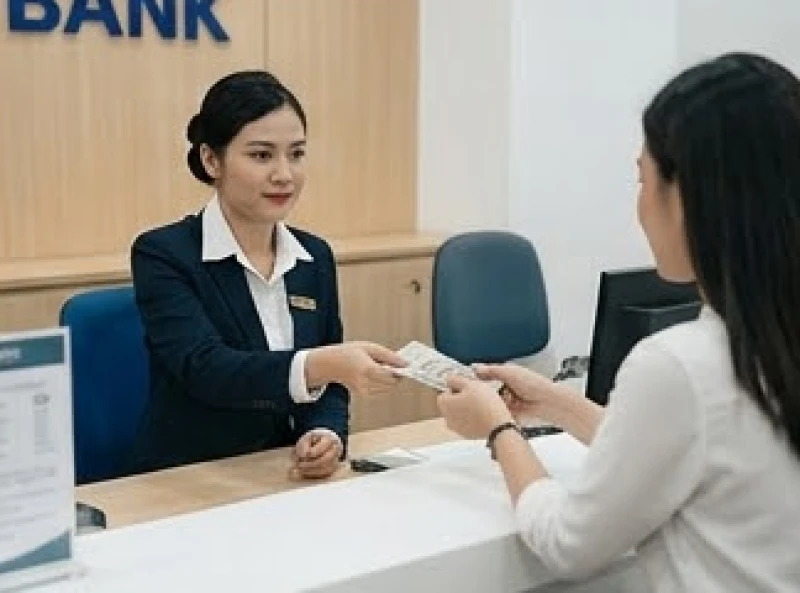 Nhân viên ngân hàng mặc đồng phục chuyên nghiệp đang hỗ trợ khách hàng hoàn tất thủ tục rút tiền