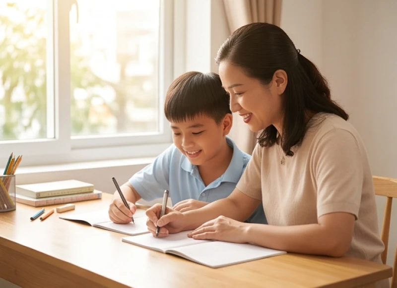 Người mẹ kiên nhẫn hướng dẫn con trai làm bài tập về nhà trong không gian yên tĩnh