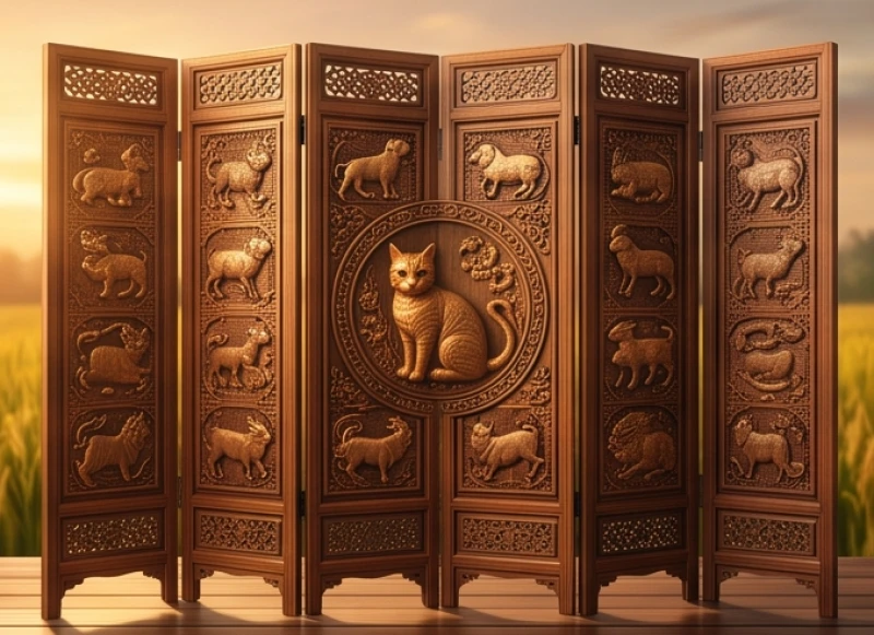 Bức bình phong bằng gỗ chạm khắc hình ảnh 12 con giáp với điểm nhấn là linh vật mèo ở vị trí trung tâm