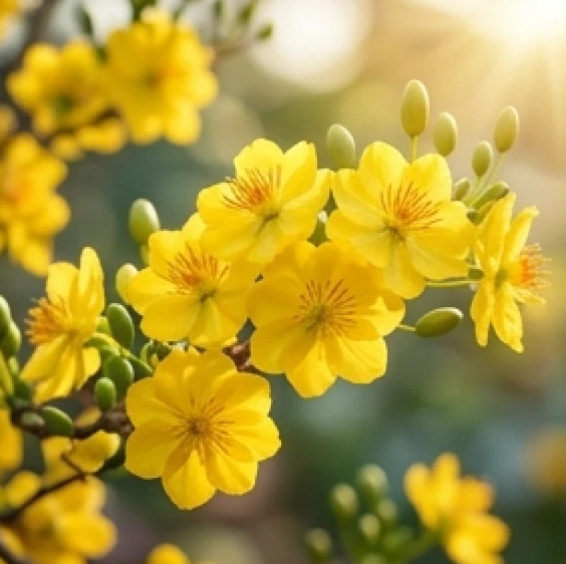 Cành hoa mai vàng nở rộ rực rỡ tượng trưng cho khoảnh khắc giao thừa chuyển giao giữa hai năm âm lịch