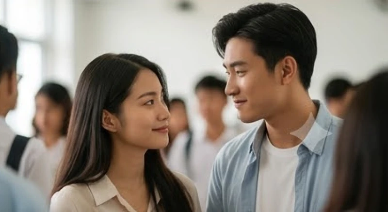 Nam nữ thanh niên Việt Nam vô tình chạm mắt nhau và mỉm cười giữa một nhóm bạn đông người