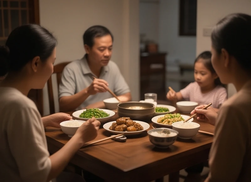Không khí gia đình trò chuyện nhẹ nhàng trên bàn ăn sau khi thay đũa mới