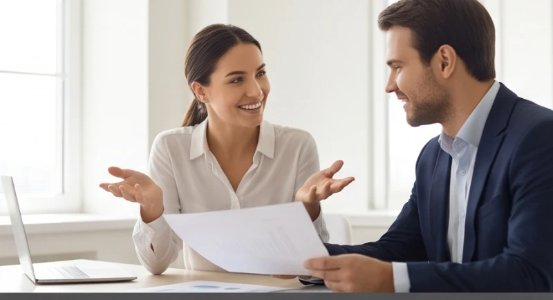 Người phụ nữ tự tin mỉm cười khi đàm phán công việc với đối tác tại văn phòng