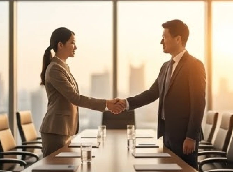Hai doanh nhân bắt tay hợp tác trong một buổi hội thảo chuyên ngành