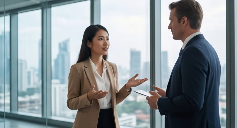 Mơ thấy đi nước ngoài làm việc: Điềm báo sự nghiệp & bộ số 5 Nhân viên tự tin thảo luận dự án cùng người sếp nước ngoài trong không gian văn phòng chuyên nghiệp