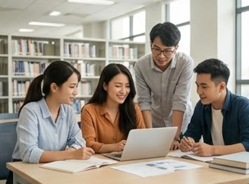 Nhóm bạn trẻ cùng nhau thảo luận bài tập nhóm trong thư viện ngập tràn ánh sáng tự nhiên