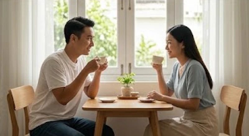Tứ hành xung tuổi Dậu: Phân định mức độ kỵ theo từng nạp âm 7 Hai người đang cùng nhau uống trà và mỉm cười thư giãn tại một chiếc bàn gỗ nhỏ bên cạnh cửa sổ ngập tràn ánh sáng