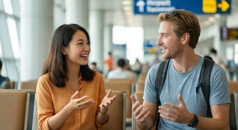 Mơ thấy nói tiếng Anh: Điềm báo tâm lý và cơ chế não bộ 4 Nữ hành khách tươi cười trò chuyện cùng một người bạn ngoại quốc tại sảnh chờ sân bay quốc tế