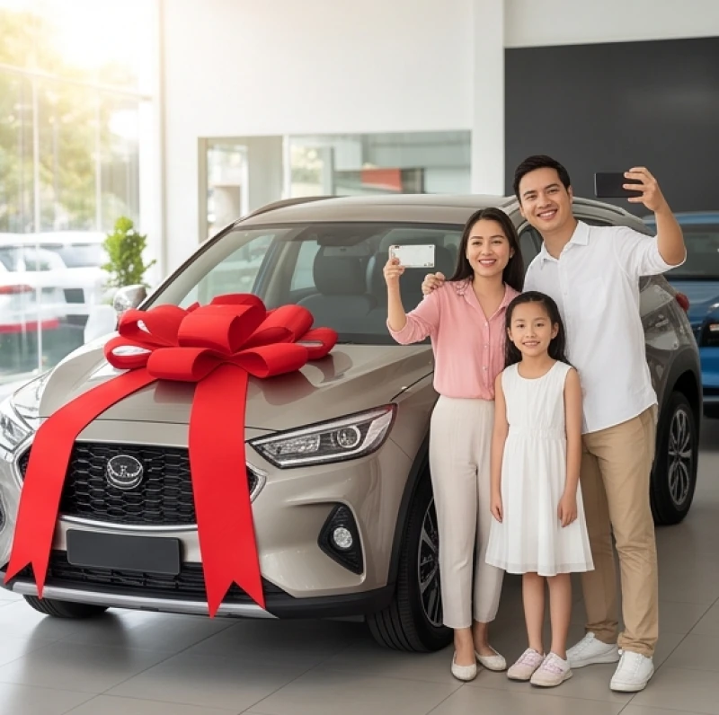 Gia đình hạnh phúc chụp ảnh kỷ niệm bên chiếc xe ô tô mới được thắt nơ đỏ trang trọng tại đại lý bán lẻ