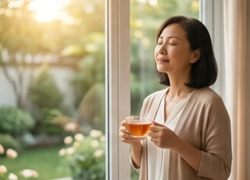 Người phụ nữ nhắm mắt hít thở sâu thư giãn để giữ gìn tình duyên tuổi tý năm 2026