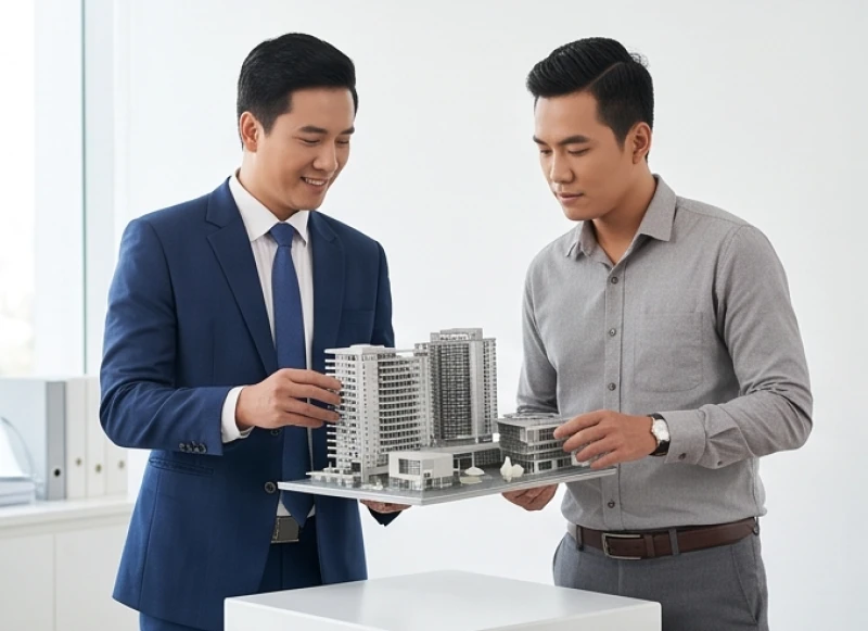 Kỹ sư và chuyên gia tài chính đang kiểm tra dự án cơ khí minh họa cho sự hợp tác của Giáp Tý