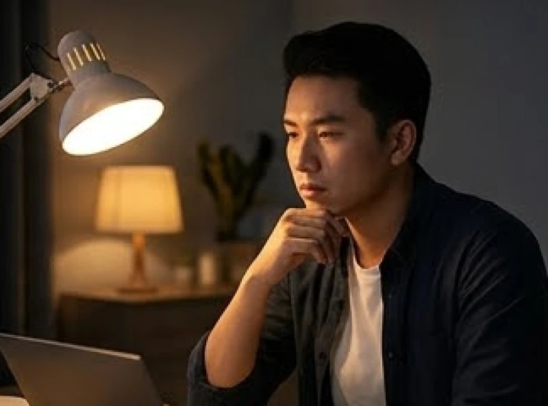 Giật mí mắt dưới là điềm gì? Giải mã 12h nam nữ & góc nhìn y học 6 Chàng trai đang ngồi làm việc vất vả dưới ánh đèn vàng buổi tối muộn với nét mặt đầy đăm chiêu