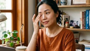 Người phụ nữ Việt Nam xoa nhẹ mi mắt khi tìm hiểu hiện tượng giật mắt trái nữ là điềm gì theo phong thủy và y khoa
