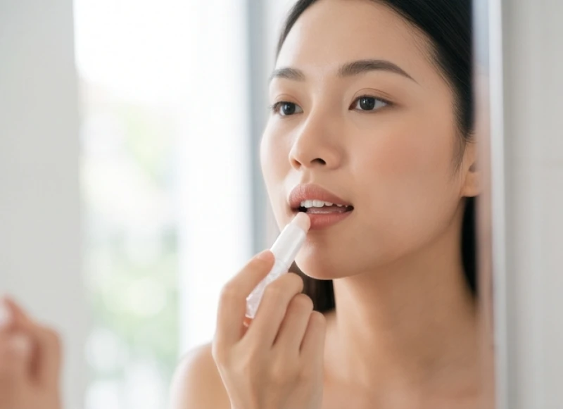 Môi giật là điềm gì: Bảng tra cứu 12 khung giờ và y khoa 3 Người phụ nữ đang soi gương và tô son chú ý đến các chi tiết trên môi trên và môi dưới