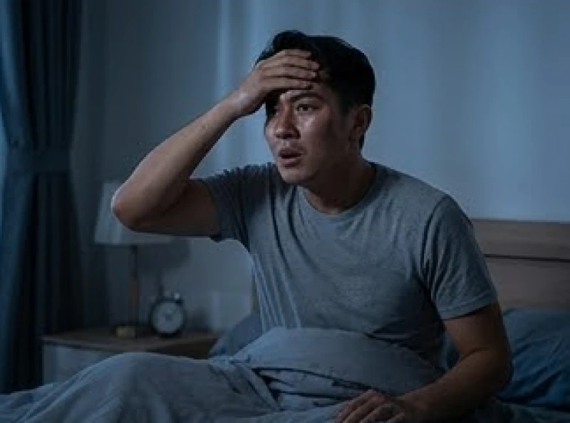 Bị rắn cắn là điềm gì: Giải mã hên xui và cách hóa giải 4 Người đàn ông toát mồ hôi và ngồi bật dậy trên giường với vẻ mặt đầy lo âu lúc nửa đêm