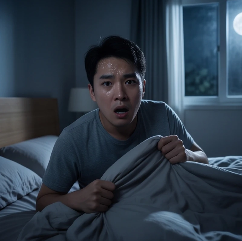 Người phụ nữ mồ hôi nhễ nhại choàng tỉnh giấc trên giường giữa đêm do ảo giác ngã từ trên cao
