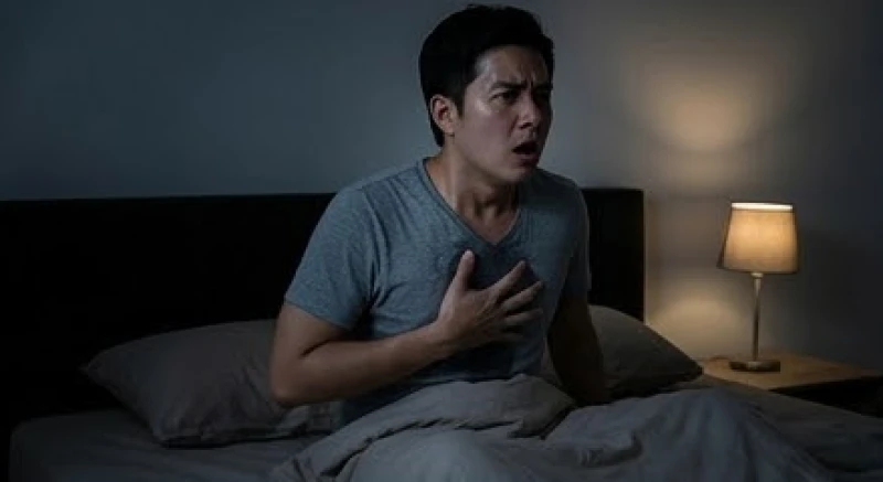 Mơ thấy bị bóp cổ: Giải mã điềm báo, bóng đè và cách khắc phục 1 Người đàn ông giật mình thức giấc giữa đêm, tay ôm ngực và trán lấm tấm mồ hôi