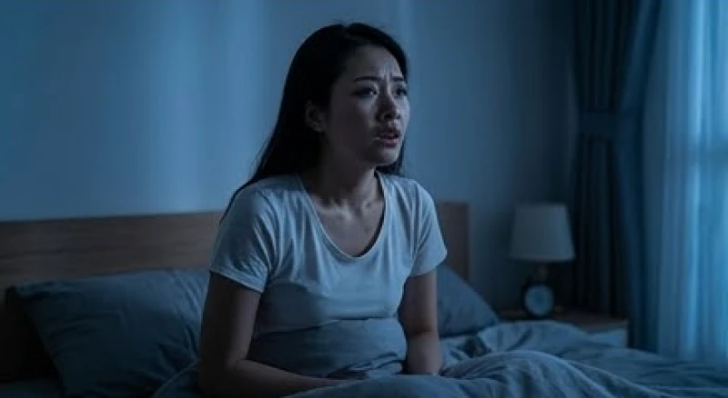 Mơ thấy bạn thân chết: Giải mã tâm lý và cách xử lý thực tế 6 Người phụ nữ bật dậy trên giường với gương mặt lấm tấm mồ hôi và hơi thở gấp gáp sau cơn ác mộng