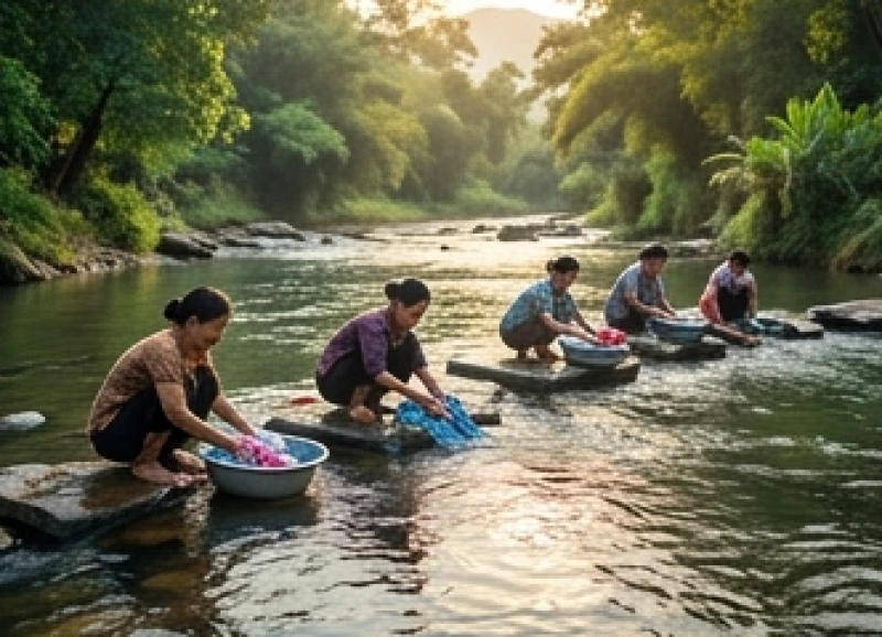 Khung cảnh giặt đồ bên bờ sông nước trong vắt mang hàm ý dòng chảy tài lộc đang luân chuyển mạnh mẽ