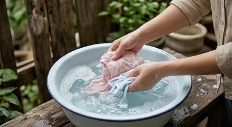 Thau nước trong vắt dùng để giặt tay những bộ quần áo trẻ em nhỏ xíu một cách nhẹ nhàng