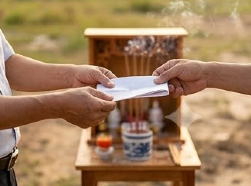 Gia chủ và người mượn tuổi trao đổi giấy bán nhà tượng trưng trước bàn thờ