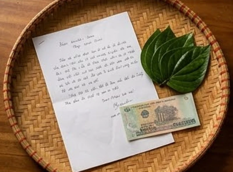 Tờ giấy bán nhà tượng trưng viết tay cùng số tiền nhỏ được đặt trang trọng cạnh mâm lễ cúng