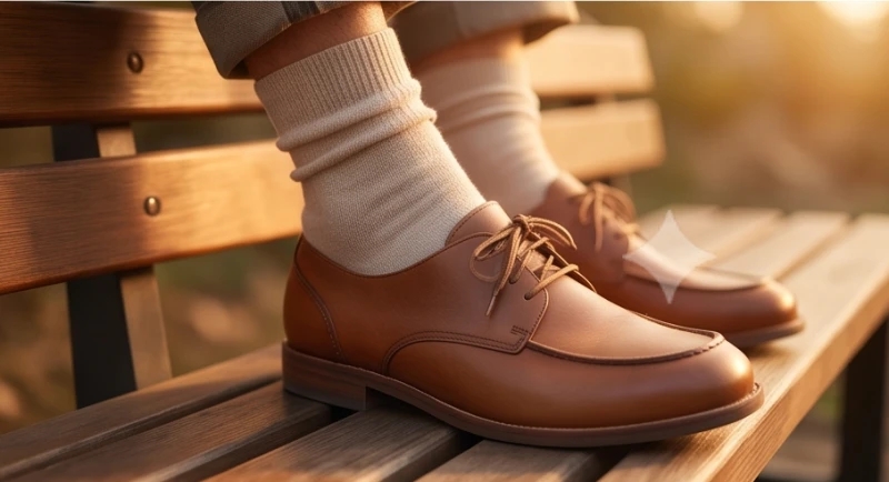 Bàn chân đi tất cotton mềm mại đang xỏ vào một đôi giày da có thiết kế phần mũi tròn và rộng rãi