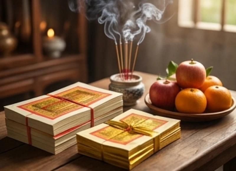 Tuổi Ngọ động thổ ngày nào tốt: Lịch từng can và thủ tục cúng lễ 9 Phần đinh vàng hoa và giấy tiền quan thần linh được xếp gọn gàng bên cạnh mâm ngũ quả