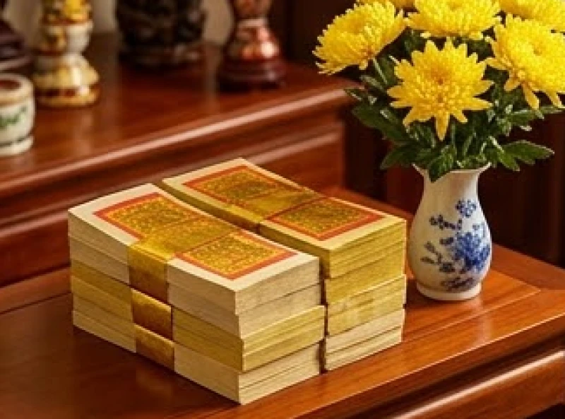 Văn khấn ngày vía Thần Tài: Bài cúng chuẩn cho mọi mô hình 9 Tệp giấy tiền vàng mã xếp gọn gàng cạnh bình hoa cúc vàng tươi tắn
