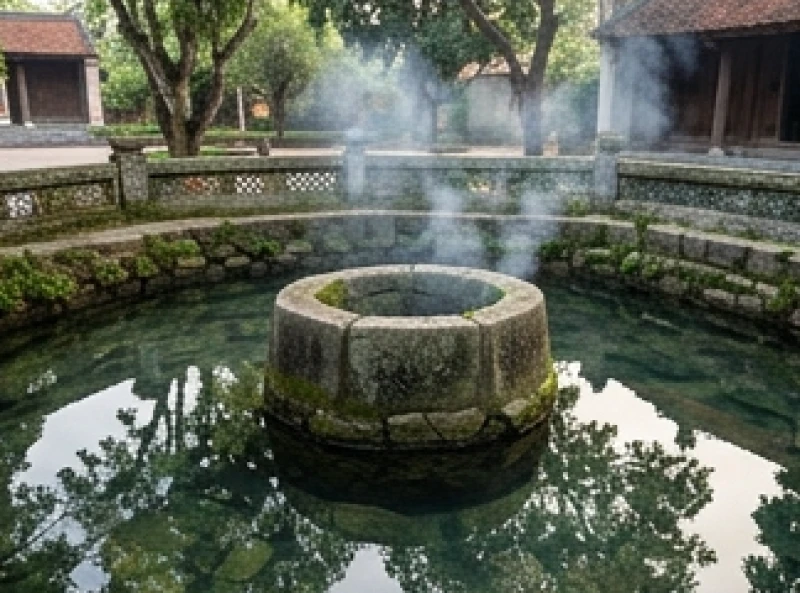 Văn khấn Đền Cô Chín Giếng: Bài cúng chuẩn và trình tự dâng lễ 2 Giếng nước thiêng tĩnh lặng trong khuôn viên Đền Cô Chín Giếng thanh tịnh phản chiếu hàng cây xanh