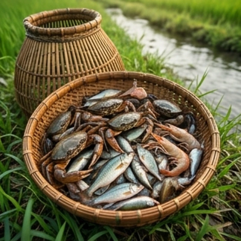 Giỏ tre đựng đầy cua đồng cùng với cá và tôm tươi sống mới đánh bắt