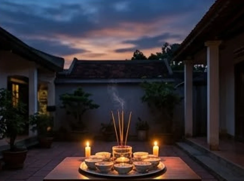Khung cảnh hoàng hôn chạng vạng tối khi mâm cúng các bác bắt đầu được thắp hương