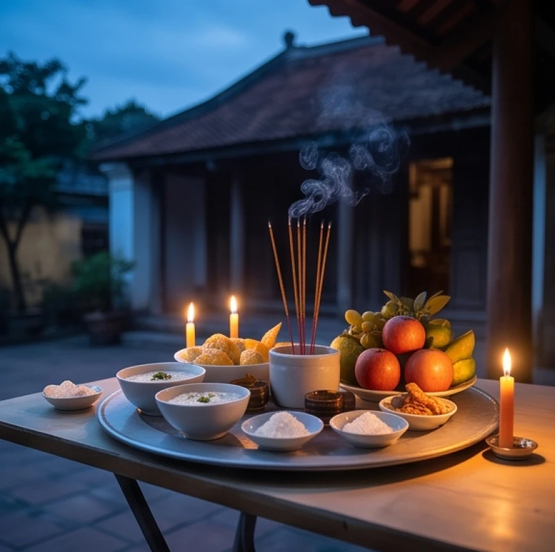 Văn khấn rằm tháng 7: Trình tự cúng bài bản và đúng nghi thức 2 Mâm lễ cúng cô hồn được đặt ngoài hiên nhà vào thời điểm chạng vạng tối khi ánh nắng đã tắt
