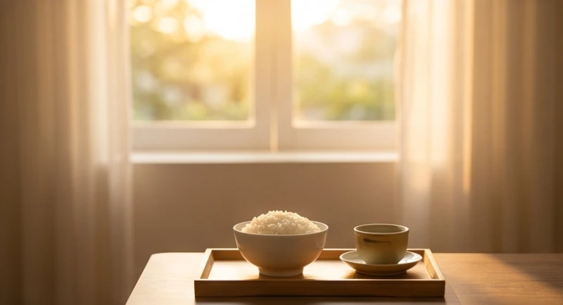Mâm cơm cúng buổi sáng được dâng lên bàn thờ vong vào lúc bình minh tĩnh lặng