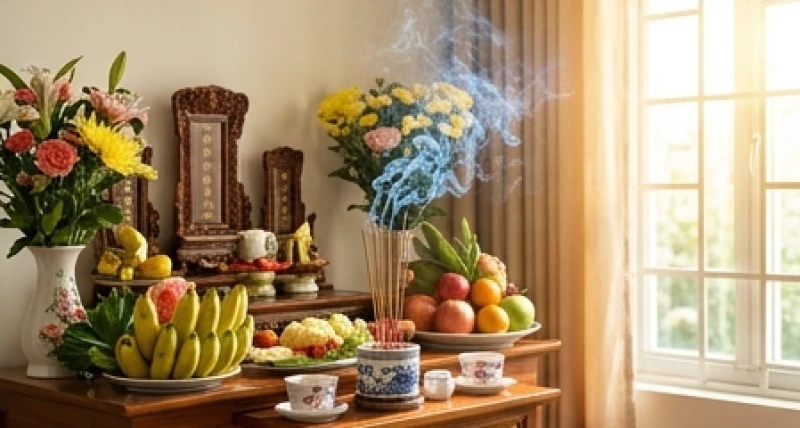 Văn khấn thần linh rằm tháng 7: bài cúng chuẩn tại nhà, cửa hàng 3 Không gian ban thờ chan hòa ánh nắng buổi sáng, thời điểm lý tưởng nhất để dâng hương tạ ơn các vị thần