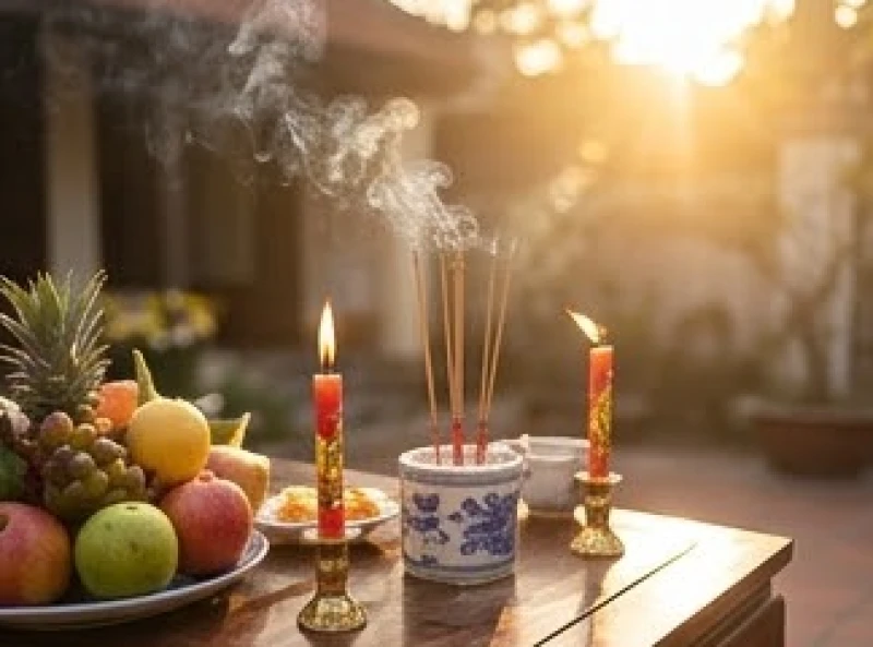 Cảnh cúng tất niên ngoài sân được thực hiện vào buổi chiều với ánh nắng vàng ấm áp chiếu lên mâm lễ