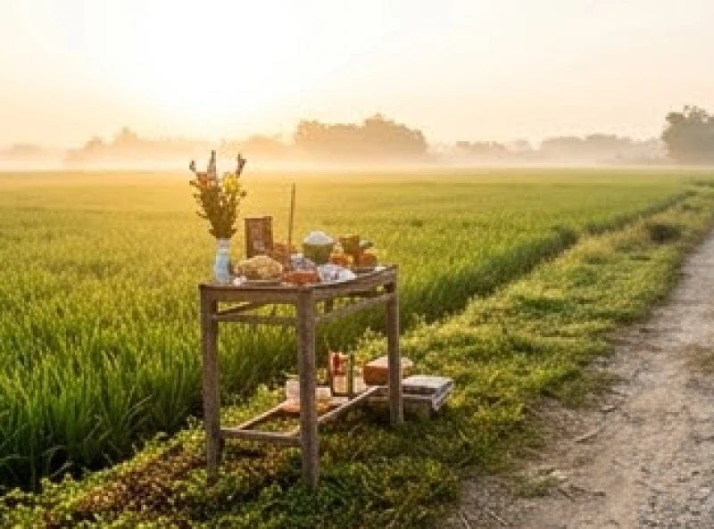 Bàn thờ cúng Thần Nông được lập bên bờ ruộng lúa xanh mướt trong ánh bình minh buổi sáng sớm