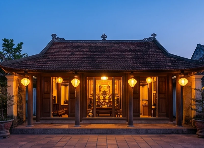 Ngôi nhà gỗ truyền thống thanh bình lúc chạng vạng tượng trưng cho sự thu liễm năng lượng cuối ngày