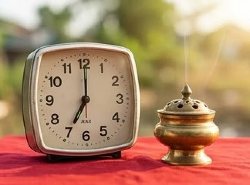 Chiếc đồng hồ điểm khung giờ sáng sớm được đặt cạnh mâm cúng động thổ ngoài trời