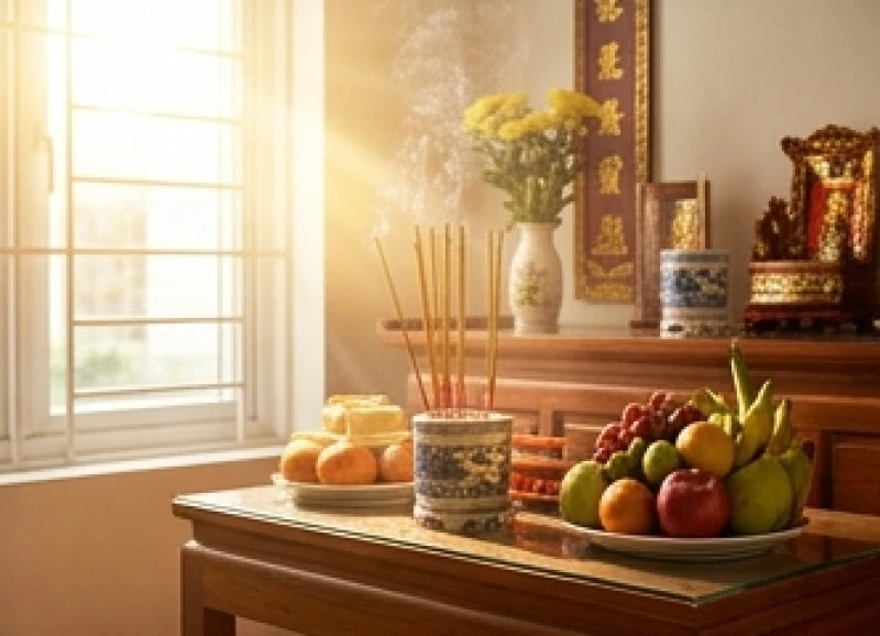 Ánh nắng ban mai ấm áp chiếu lên ban thờ gia tiên trong khung giờ hoàng đạo của ngày mùng 3 tháng Giêng