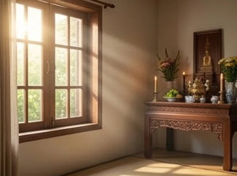 Ánh nắng ban mai chiếu rọi tĩnh lặng qua cửa sổ vào không gian thờ cúng linh thiêng trong buổi sáng sớm