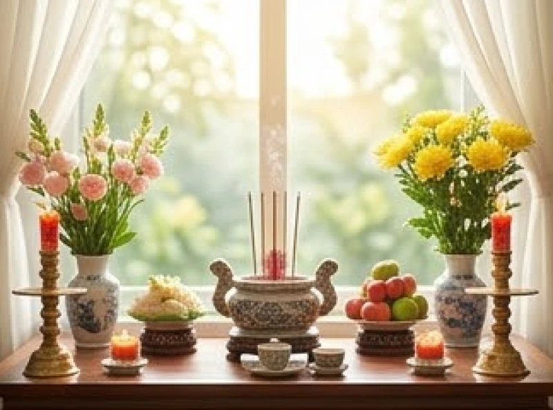 Văn khấn tất niên gia tiên: Bản Nôm chuẩn và trình tự nghi lễ 1 Bàn thờ gia tiên rực rỡ dưới ánh sáng ban ngày trong giờ hoàng đạo cúng tất niên