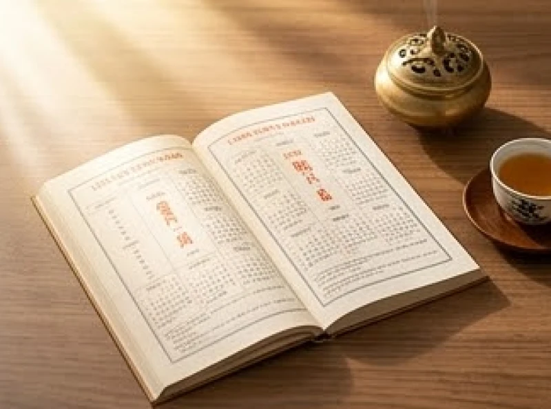 Cuốn lịch vạn niên mở ra trang ngày tốt bên cạnh mâm lễ vật nhỏ chuẩn bị cho lễ bốc bát hương