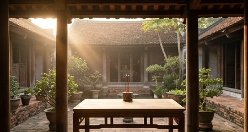 Khung cảnh sân nhà ngập tràn ánh nắng buổi sáng sớm lý tưởng để làm lễ cúng tạ đất đai