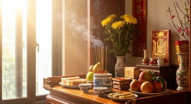 Ánh nắng vàng ấm áp chiếu lên ban thờ gia tiên trong khung giờ hoàng đạo thực hiện nghi lễ tiễn ông bà