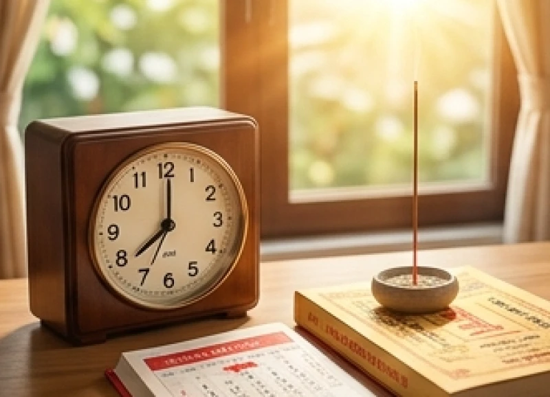 Chiếc đồng hồ cổ điển và sổ ghi chép thời gian chuẩn bị mâm cúng vào khung giờ Thìn buổi sáng sớm