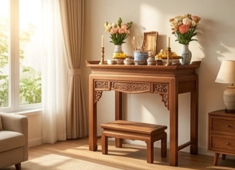 Chuẩn bị không gian làm lễ tươm tất vào buổi sáng sớm mát mẻ đúng khung giờ hoàng đạo