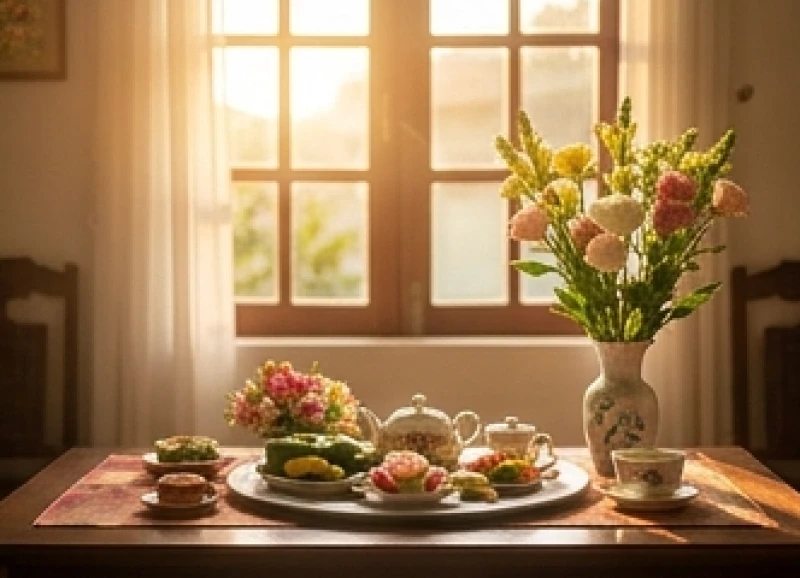 Văn khấn mùng 1 Tết: Bài cúng chuẩn, giờ đẹp và mâm lễ 3 miền 2 Ánh nắng ban mai chiếu rọi vào mâm cỗ cúng mùng 1 Tết được bày biện gọn gàng trên chiếc bàn gỗ cổ