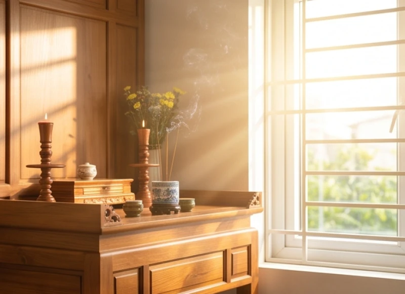 Ánh nắng buổi sáng rọi vào ban thờ gợi nhắc giờ hoàng đạo thắp hương cúng rằm
