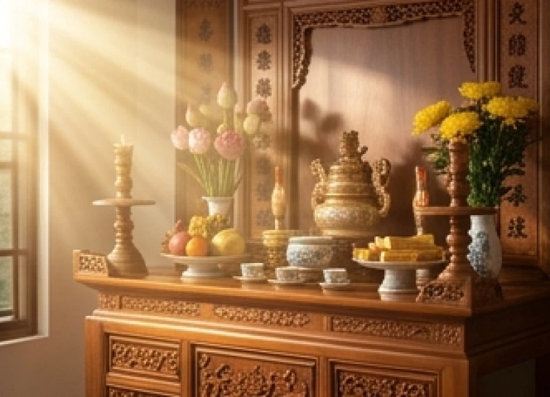 Khung cảnh ban thờ gia tiên và thần linh đón ánh nắng ban mai rực rỡ vào giờ Thìn